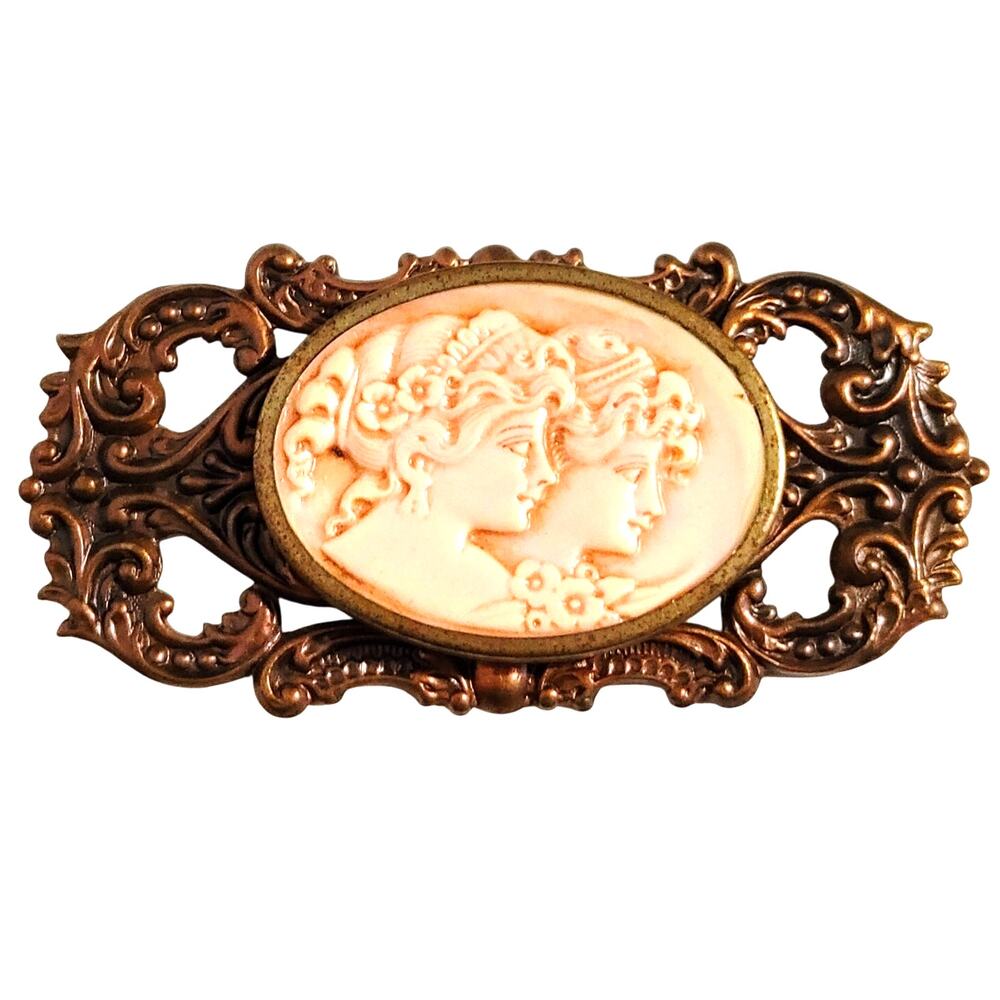 Vintage Twin Sisters Curly Hair Twin Lady Oval Antique Brass Pin Brooch Jewelry